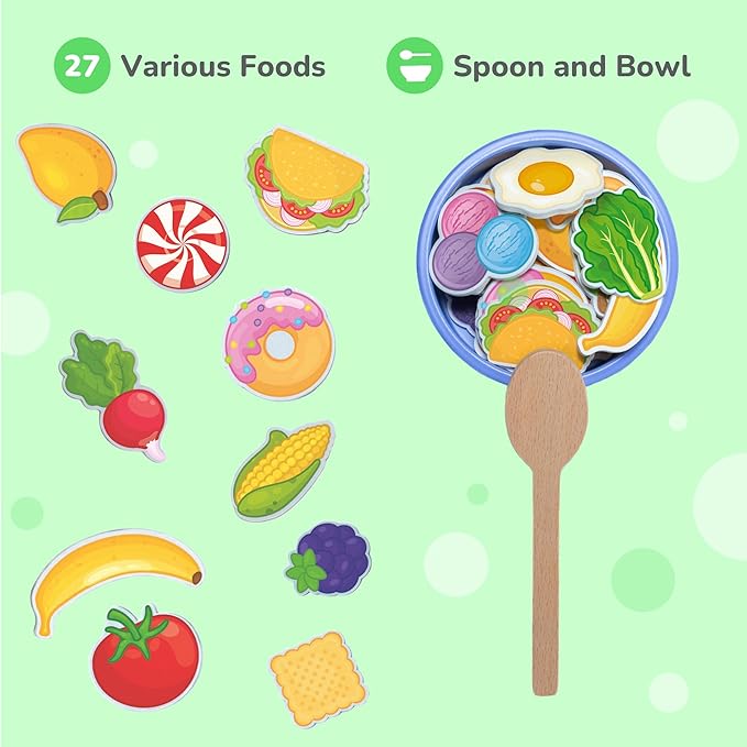 Bimi Boo Wooden Feeding Toy - Montessori Pretend Play Food Set for Toddlers 1-4+ - Fine Motor Skills Scooping Toy for Kids (27 Various Foods, a Spoon, Bowl)