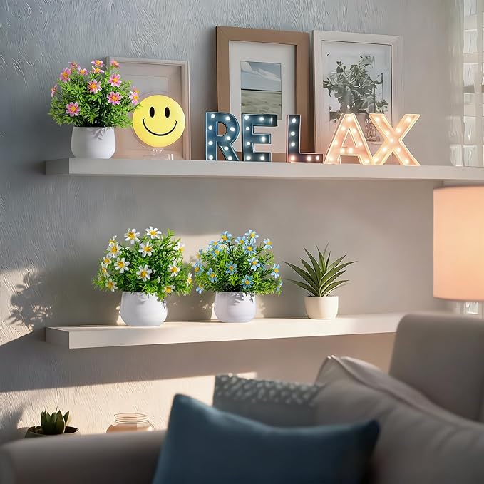Yarmare 3 Pack Small Fake Plants Artificial Potted Flowers for Indoor Mini Faux Plants with Flowers Greenery for Home Decor Living Room Bathroom Bedroom Office Table Shelf (White+Pink+Blue)