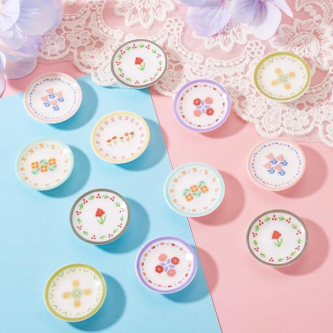 24Pcs Miniature Flower Plate Dollhouse Accessories Resin Mini Tableware Imitation Ceramic Bowl Tiny Dishes Ornaments Micro Landscape Decorations Garden Home Party Decorations Crafts Supplies