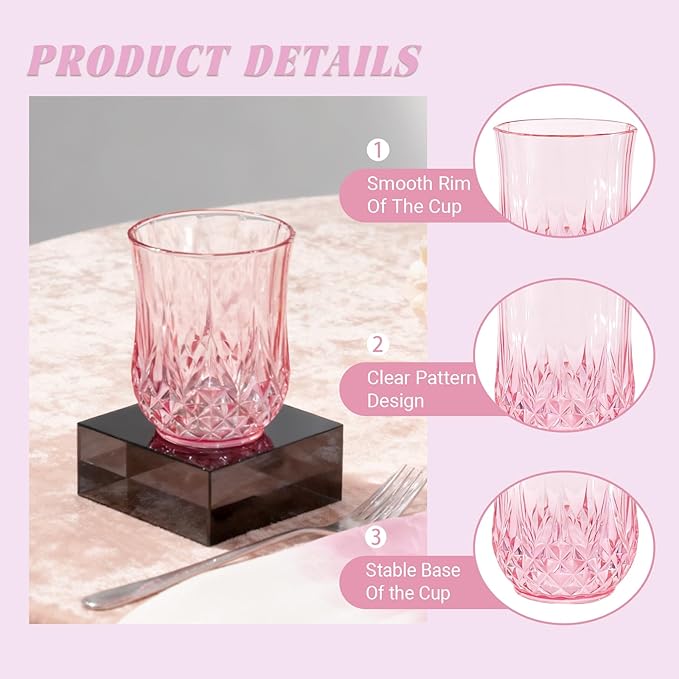 LEYIQU Stemless Wine Glasses, Plastic Reusable Cups Vintage Drinking Glasses Tumblers, Valentine’s Day Gifts for Couples, for Whisky, Beer, Juice, Beverages, Cocktai (48, Pink)