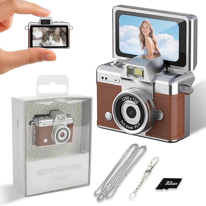 Mini Keychain Camera, 2K Retro Digital Camera with 1.47‘’ Flip Screen & Built-in Flash for Selfies - Includes 32GB SD Card, Strap - Perfect for Travel, Concert, Vlogging