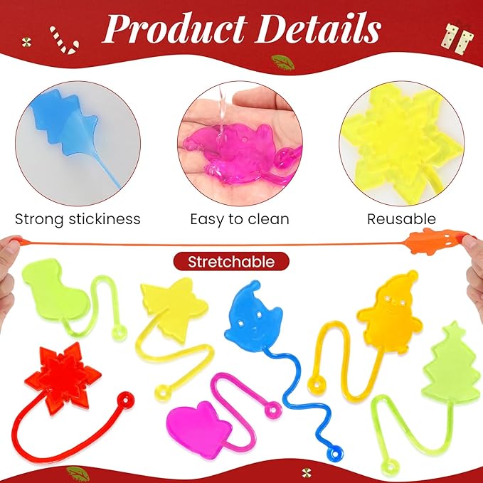 24PCS Christmas Sticky Hands Toys for Kids, Rubbery Stretchy Goodie Bag Stuffers Toys for Christmas Party Favors Supplies, Colorful Stocking Stuffers for Classroom Prizes