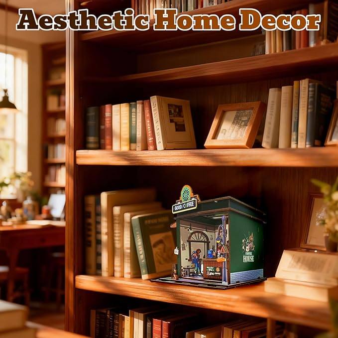 3D Wooden Puzzles Book Nook Kits for Adults Miniature House Building Kits, DIY Tiny Wooden Crafts Model Bookshelf Decor with LED Lights, Gifts for Family, Friends, Christmas(Coffee Shop)