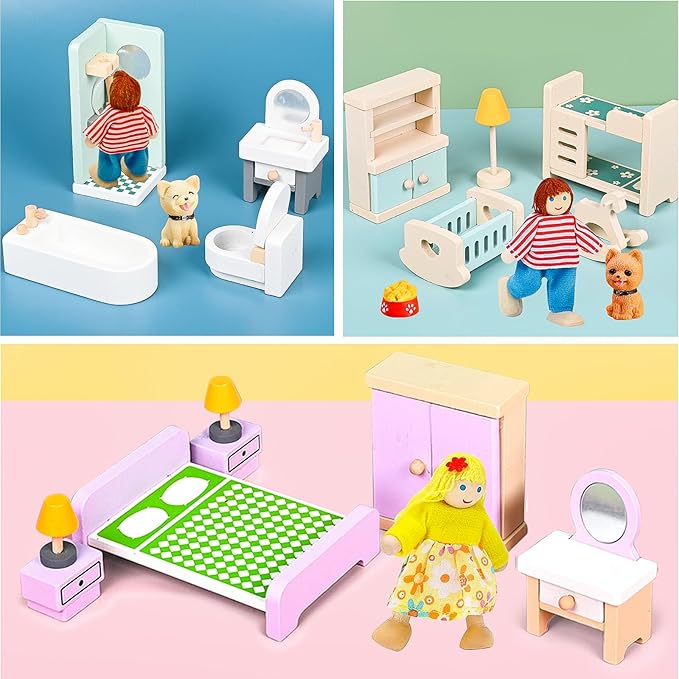36PCS Wooden Dollhouse Furniture Set with 4 Flexible Family Dolls - 5 Room Realistic Doll House Accessories for Toddlers 3 4 5 6, Pretend Play Toys Gift for Birthday and Christmas