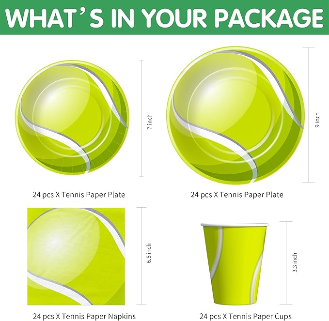 Xenorik Tennis Party Decorations Tableware for Birthday Baby Shower, Sports Ball Theme Tennis Birthday Party Supplies, Paper Plate, Cup, Napkin, Tablecloth, Disposable Cutlery, Serves 24
