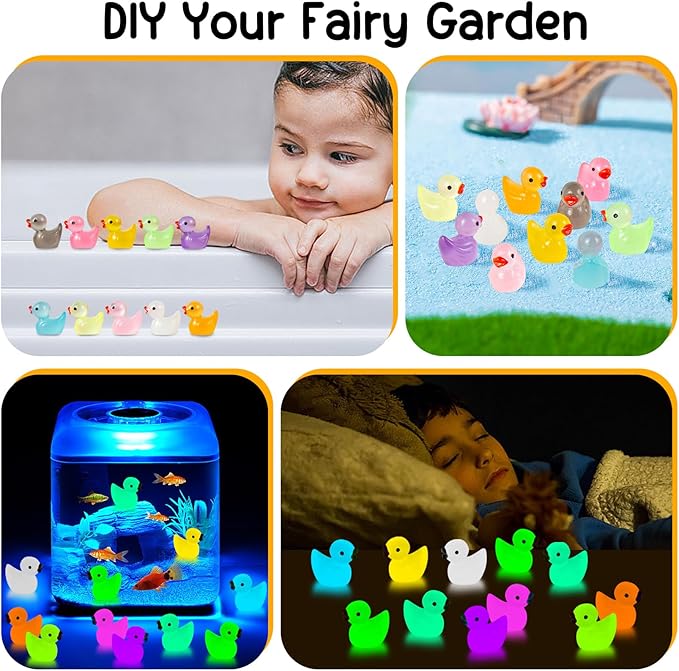 1000Pcs Luminous Mini Resin Duck Tiny Duck Figurine for Fairy Garden Landscape Aquarium Potted Plant Prank Game DIY Ornament Party to Hide, Miniature Dollhouse Accessories, Glow in The Dark, 10 Colors