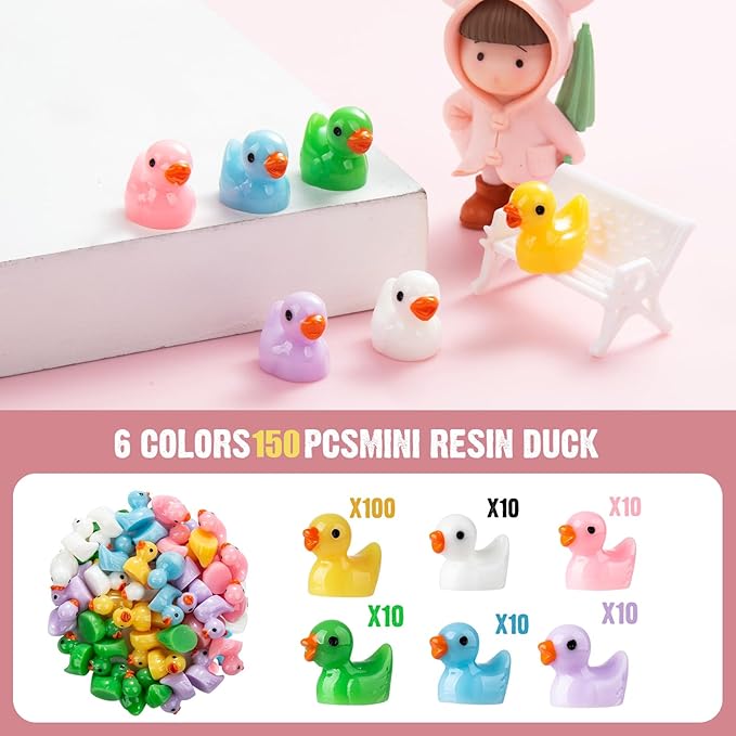 150 Pieces Mini Resin Duck Miniature Figures Micro Fairy Garden Landscape Aquarium Dollhouse Ornament Potted Plants Decoration DIY Slime Charms for Christmas Birthday Party (100Yellow+50Multicolor)
