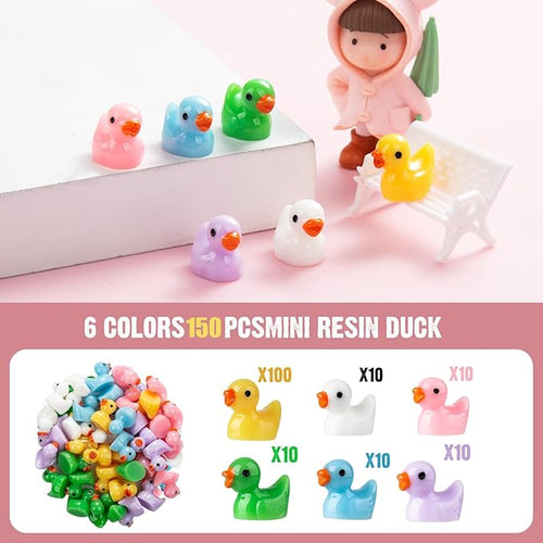 150 Pieces Mini Resin Duck Miniature Figures Micro Fairy Garden Landscape Aquarium Dollhouse Ornament Potted Plants Decoration DIY Slime Charms for Christmas Birthday Party (100Yellow+50Multicolor)