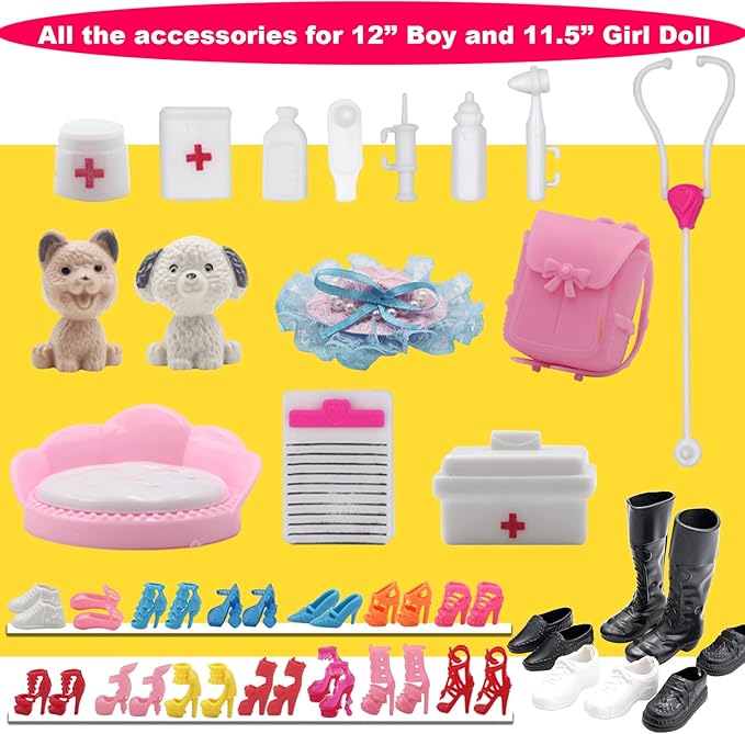 ZTWEDEN 71Pcs Doll Clothes & Accessories for 12 Inch Boy & Girl Dolls - Pet Care Set Includes 25 Wear Clothes, Shirts, Jeans, Suits, Shoes, Pet Doctor Playset, Trolley, Backpack