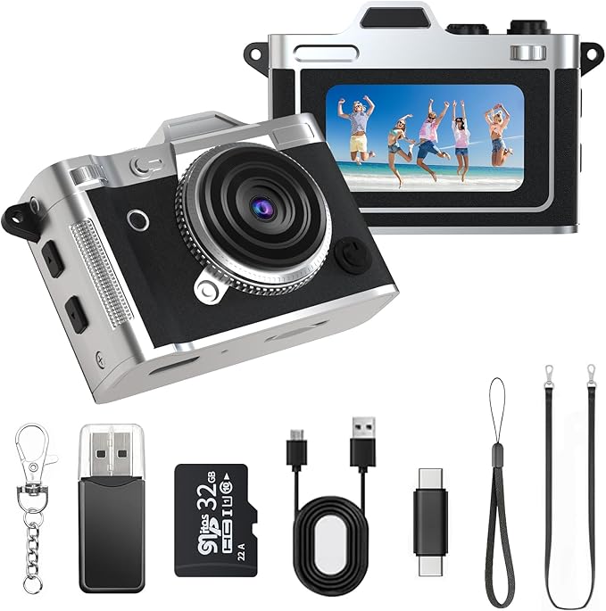 LENANE Mini Keychain Camera - 2K FHD Tiny Retro Digital Camera with 32GB Card, 1.47" Screen & OTG Adapter, Vintage Compact Micro Pocket Camera for Kids,Travel,Party (Black)