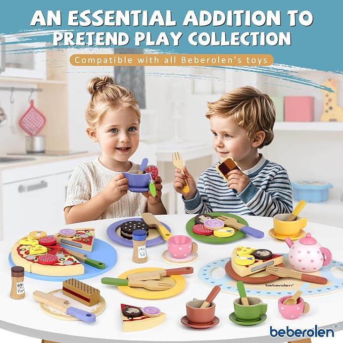 Wooden Play Dishes and Plates for Kids Kitchen Set Accessories for Toddlers 1-3 Cooking Toys Tea Cups for Kids Kitchen Birthday Gift for 3 4 5 Year Old Boys Girls
