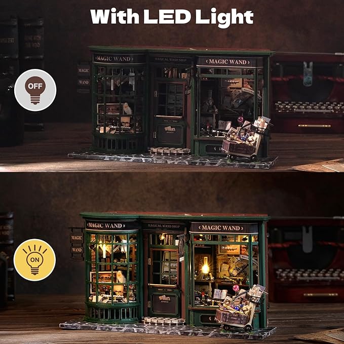 Hullisun DIY Book Nook Kit Expandable Miniature Dollhouse Kit, Retro European Magic House Bookshelf Insert Model with LED Light, Bookend Building Set 3D Wooden Puzzle for Adult Birthday Gift Women Men
