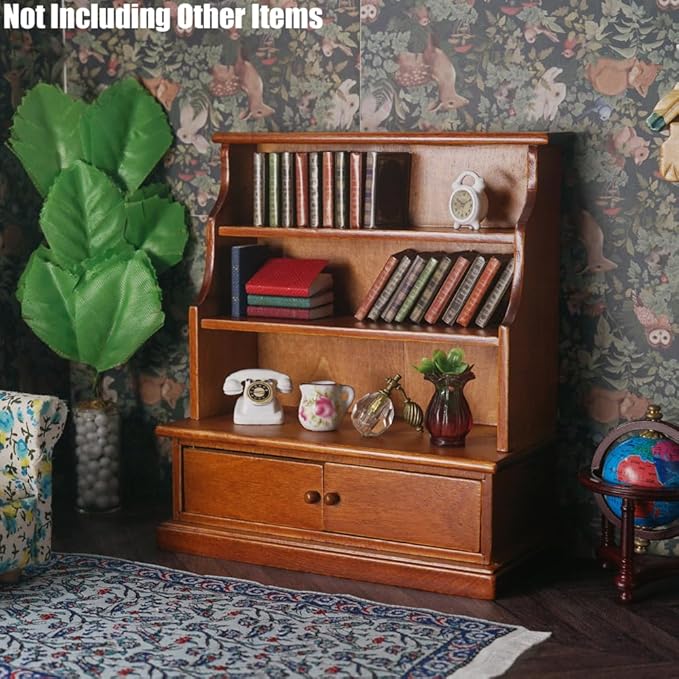 Odoria Dollhouse Bookcase Shelf Miniature: 1/12 Scale Bookshelf Storage for Living Room Antique Retro - Mini Library Wall Display Cabinet - Tiny Wood Furniture Vintage Brown