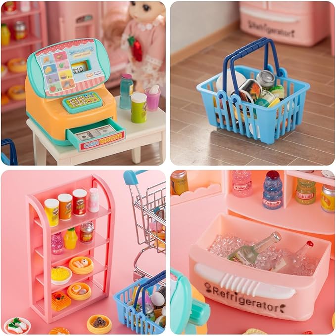 164Pcs Mini Shopping Cart Basket Miniature Food Drink Toy Supermarket Metal Handcart Trolley DollHouse Store Grocery Accessories Kitchen Play Game Party Model Shelves Cash Register Refrigerator Fridge