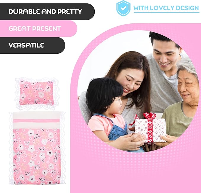 Dollhouse Bedding Accessory Set - Minituare Bed Sheet & Pillow Set Realistic Dollhouse Bedroom Decoration Pink Mini Flower Lace Blanket for Fairy Garde Micro Scene, 6.68X4.72 Blanket
