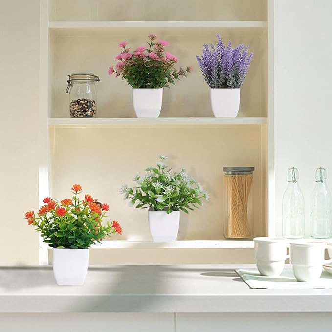Yoratee Artificial Potted Flowers 4pcs Fake Small Plant in Pot Mini Faux Plant Door House Office Tabletop Kitchen Colorful Greenery Decor