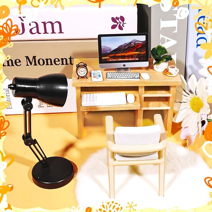 Hiawbon 11PCS 1:12 Scale Miniature Office Furniture Set, Miniature Office Table and Chair, Mini Simulation Desktop Computer with Mouse Keyboard Model Simulation Accessories for Mini House