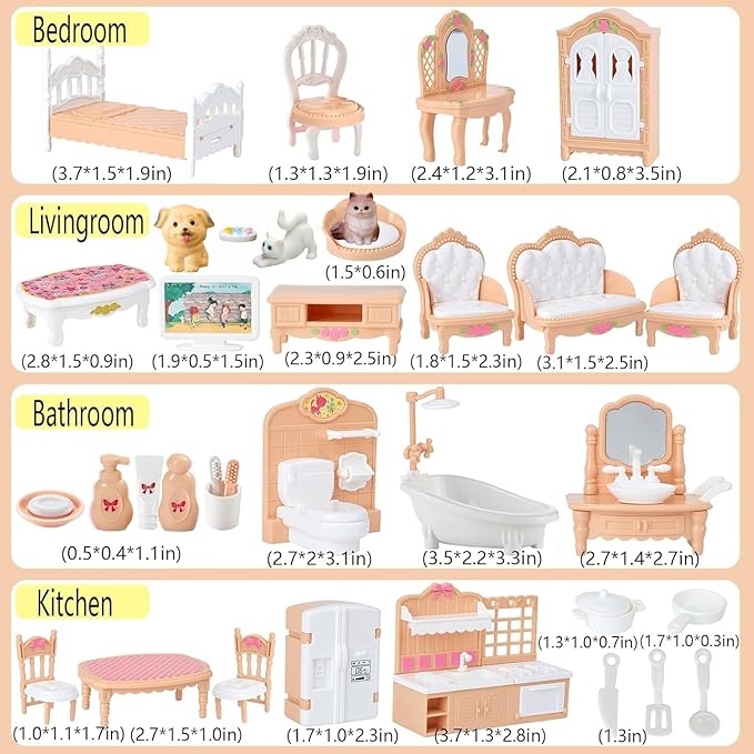 Dollhouse Furniture Set, Complete Room Collection with Kitchen, Dining, Living Room, Bedroom and Bathroom Accessories, Plastic (36-Piece Hrown)