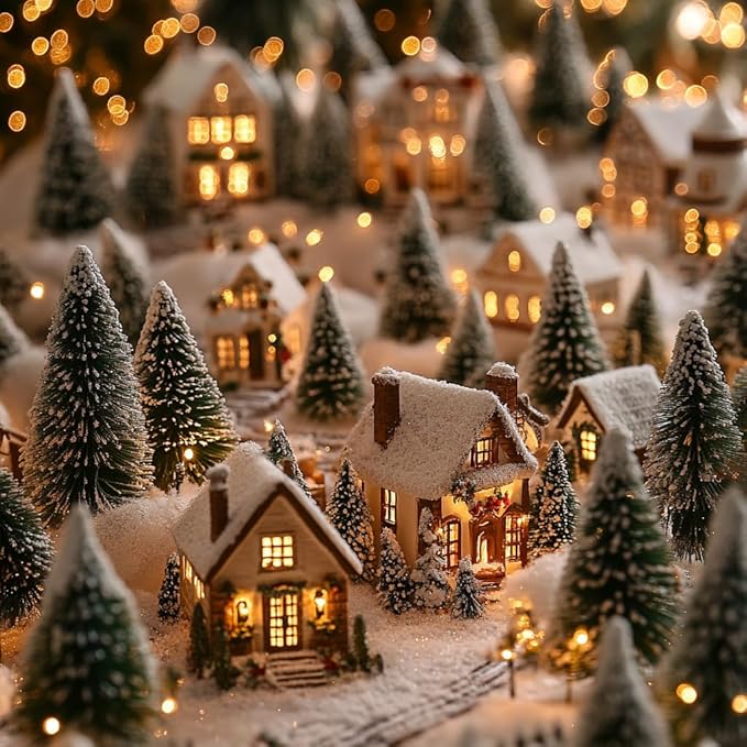 10pcs 4inch Mini Christmas Tree Bottle Brush Trees Chrismas Village Trees Ornaments Snow Mini Plastic Christmas Trees with Wooden Base for Christmas Decoration Miniature Chrismas Tree