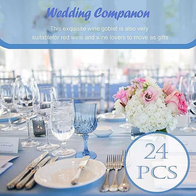 Veiuwa 24 PCS Blue Plastic Wine Glasses,Reusable Plastic Wine Glasses,Blue Goblet Glass,Durable and Sturdy Cups Can Be Used for Various Parties Such as Weddings!