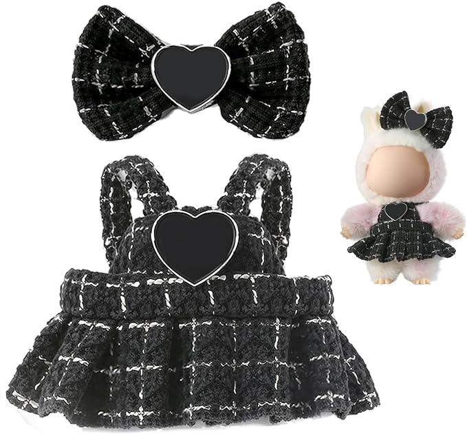 Clothes for LABUBU Doll (NO Doll), Luxury Chic Style 2-Piece Accessories for LABUBU 17cm Dolls, Premium Fashion Outfit - Bow Headdress + Plaid Tweed Dress (Black)