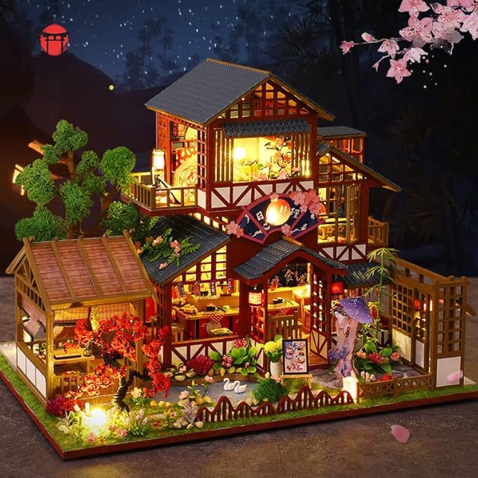 GuDoQi DIY Miniature Dollhouse Kit, 1:24 Scale Tiny House with Music Plant, Model Craft Kit for Adults, Great Handmade Gift for Birthday Christmas Day, Japanese Villa Courtyard