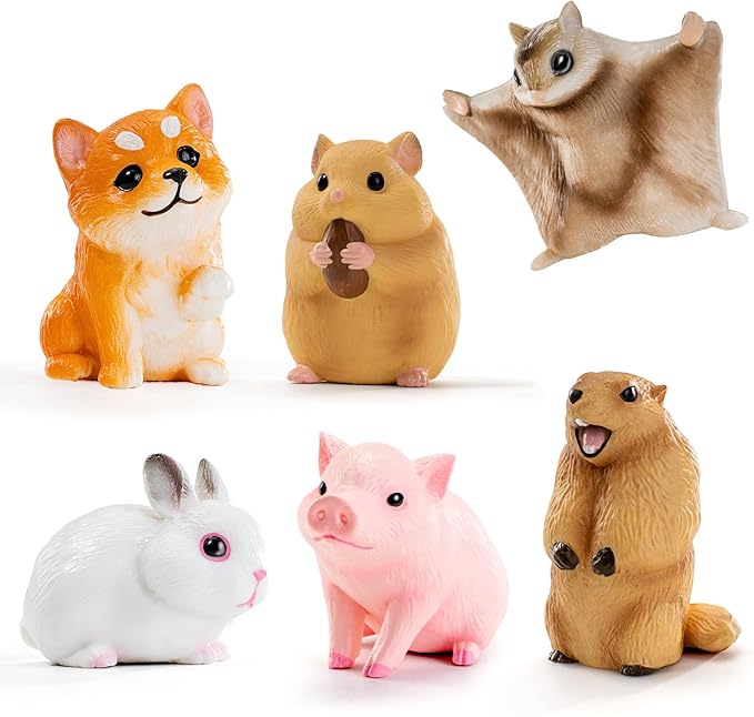 6PCS Animal Toys for Toddlers, Sensory Toys Cute Farm Animal Figures Pocket Pets Toys for Kids Includes Dog, Rabbit, Hamster, Pig Figurines Cake Toppers Birthday Gifts for Preschool Kids