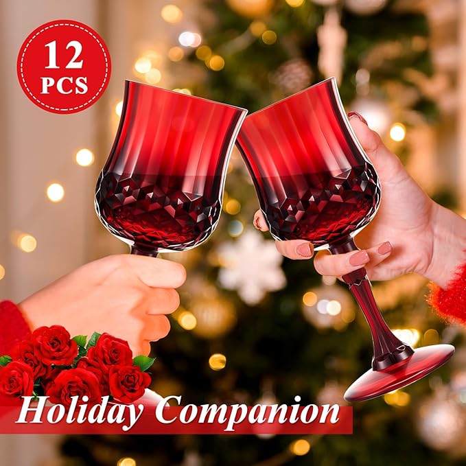 Pinkunn 12 Pcs 7 oz Plastic Vintage Wine Glasses Reusable Colored Goblets Patterned Drinking Water Glasses Cup Dishwasher Safe for Valentine's Day Wedding Reception Party Supplies (Red)