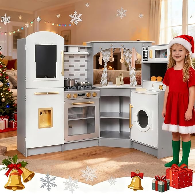 Large Wooden Corner Play Kitchen Sets with Ice Maker,Water Dispenser,Bread Maker,Washing Machine,Electronic Display,Toy Sink with Running Water,Stove with Light&Sounds, Birthday Gift for 3+