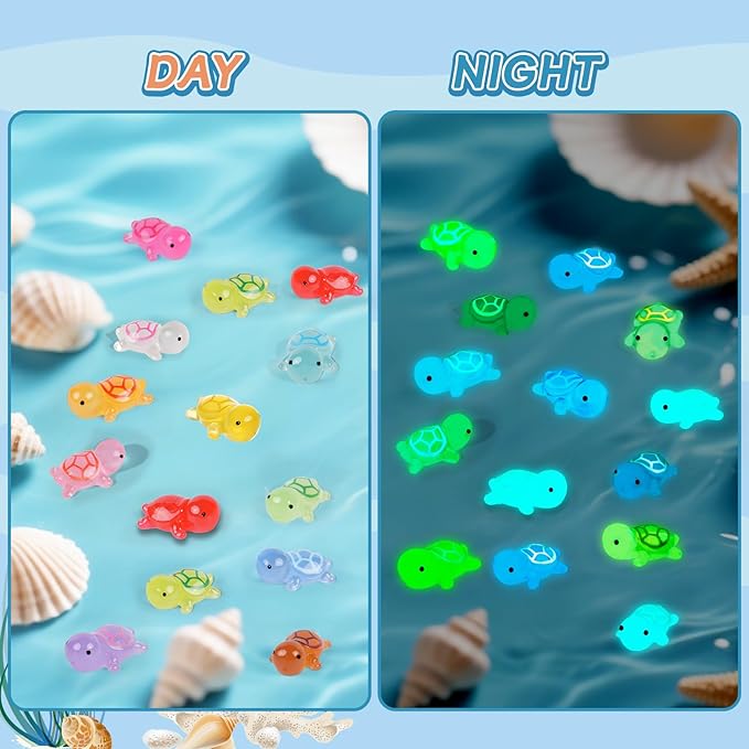60 Pcs Luminous Mini Resin Turtles Tiny Sea Turtle Glow in The Dark Animals to Hide Small Figures Miniature Plastic Ocean Animal for Dollhouse Home Decor Crafts Fairy Garden Micro Landscape