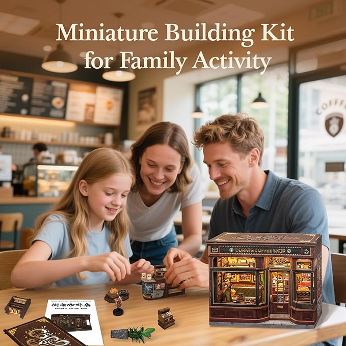 Fsolis Book Nook Kit - DIY Bookshelf Miniature Kit for Adults 3D Puzzle Booknook Bookstore Bookshelf Diorama Cafe Shop Tiny House with Cat, Craft Gifts for Women Book Lovers (Corner Coffee Shop)