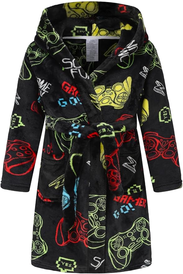 Boys Fleece Robe Hooded Toddler Soft Bathrobe Pajamas Sleepwear for Kids Girls 2-16 Years