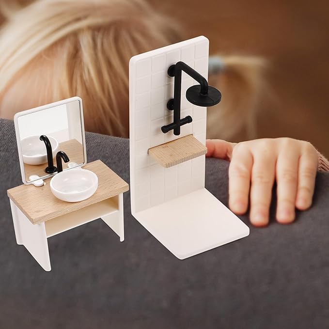 JOINPAYA 1set Dollhouse Bathroom Set: Dollhouse Bathroom Furniture Accessories 1 12 Scale Mini Shower Room AdornmentsSink Scale Shower Toilet Bathtub Stool for Doll Accessories