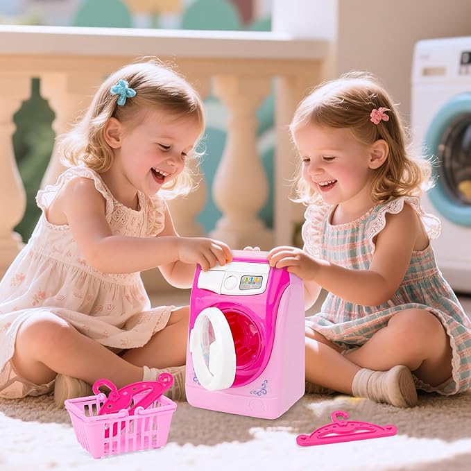 deAO Washing Machine Toy for Kids Dollhouse Furniture Pretend Play Household Appliance Laundry Play Set with Rotatable Roller for Boys Girls