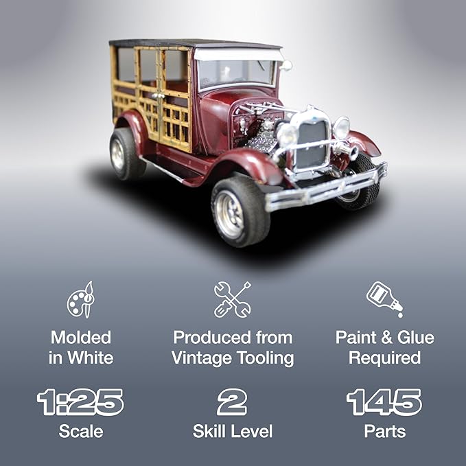 Round 2 AMT 1929 Ford Woody Pickup 1:25 Scale Model Kit, Clear,White