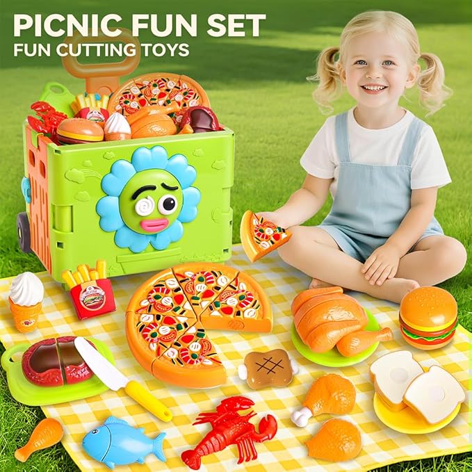 45PCS 3 in 1 Toddler Shopping Cart Trolley Play Set,Kids Grocery Cart-Pretend Play Food Set for Kids Kitchen,Cutting Food ,Preschool Learning Toys, Boys & Girls Birthday Gift for Ages 3+