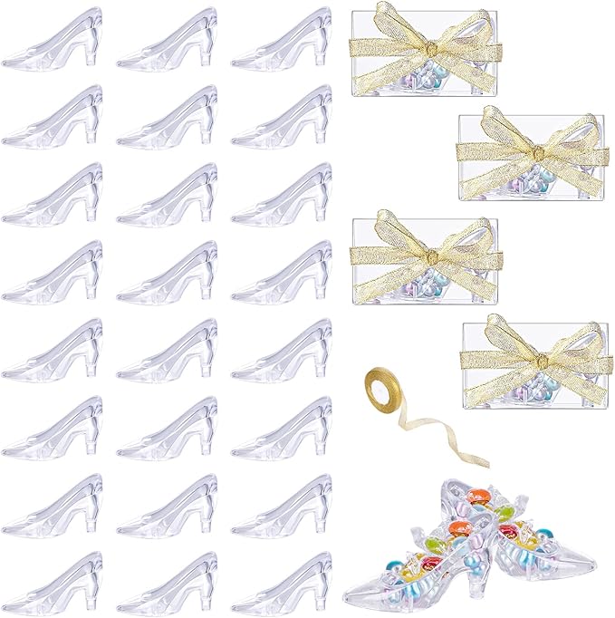 Barydat 36 Pcs Mini Crystal Princess Slippers Plastic High Heels Decoration, 36 Pcs Transparent Gift Boxes with Gold Ribbon, Party Wedding Birthday Candy Gift Supplies Table Decoration