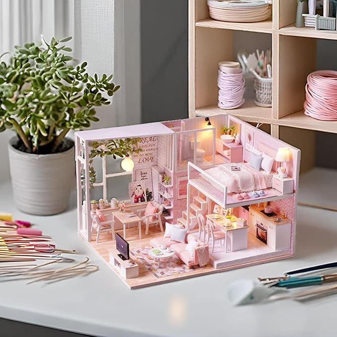 TuKIIE DIY Miniature Dollhouse Kit with Furniture, 1:24 Scale Creative Room Mini Wooden Christmas Doll House Accessories Plus Dust Proof & Music Movement for Kids Teens Adults(Tranquil Life)