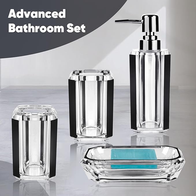 4 Piece Premium Acrylic Bathroom Accessory Set, Hand Sanitizer Bottle, Lotion Can Bathroom Suit, Separate Bottle Soap Box, Mouthwash Cup, Toothbrush Cup(Brushed Black)