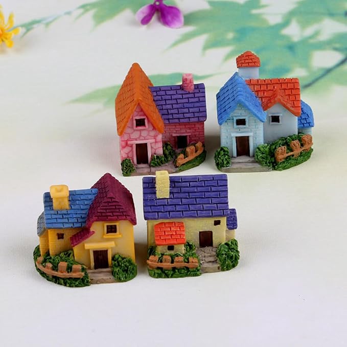 Avtytsda Resin Miniature House 4PCS Miniature House Fairy Gardening Micro Landscape Village Stone House Bonsai Terrarium Crafts Ornaments Accessories Home Decoration (C)
