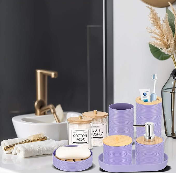 IMAVO Bathroom Accessory Set-11Pcs Purple Bathroom Accessories Set with Trash Can,Soap Dispenser,Soap Dish,Toothbrush Holder,Toothbrush Cup,Toilet Brush Set ,Qtip Holder Dispenser with Labels