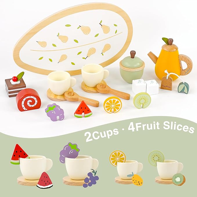 PairPear Wooden Tea Party Set for Little Girls, Kids Tea Sets for Toddler 3-5, 20pcs Pretend Play Fruit Tea Playset Kitchen Accessories Wooden Toys Food for Christmas Birthday