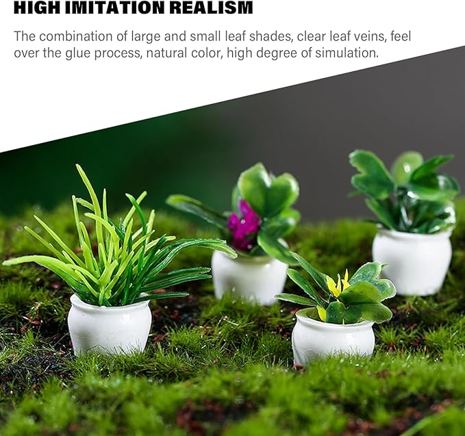 4PCS Artificial Resin Dollhouse Miniature Plants Set, DIY Faux Potted Mini Plants for Dollhouse Decoration