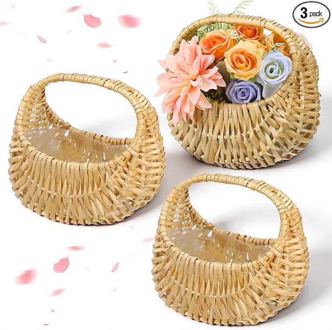 3 Pack Small Flower Girl Baskets with Handles - Mini Rattan Wicker Baskets with Plastic Lining for Wedding Petals, Home Decor, Picnic, Gift, Party Favors (Brown)