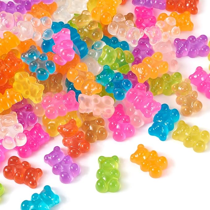 Beadthoven 90pcs Luminous Gummy Bears Beads Flatback Buttons No Hole Glow in The Dark Bear Resin Charms for Jewelry Making DIY Crafts Earrings Ring Hair Clip Accessories Decoden Phone Case Decoration