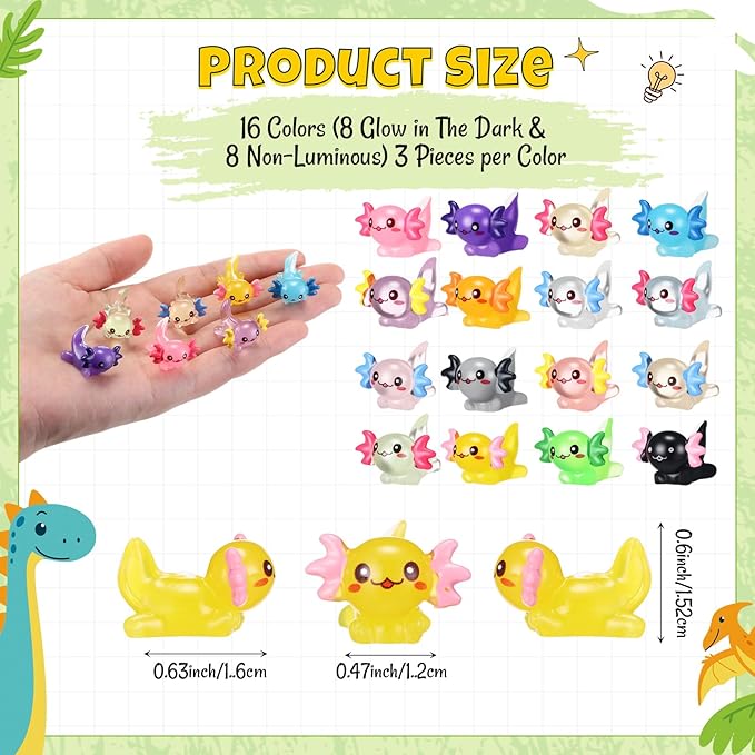 48PCS Mini Resin Axolotl Miniature Figurine - 16 Colors (8 Glow in The Dark & 8 Non-Luminous) 3 Pieces per Color, Mini Plastic Animals for Aquarium, Garden Micro Landscape, DIY Dollhouse Decor