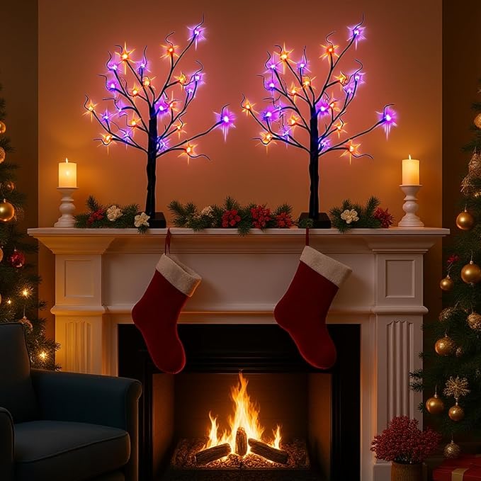 HipTree 2-Pack Lighted Halloween Christmas Fall Tree Decorations Indoor, 2ft Black Birch Tree with LED Lights, Small Tabletop Christmas tree with lights, Warm White Battery- Powered Fairy Light Spirit