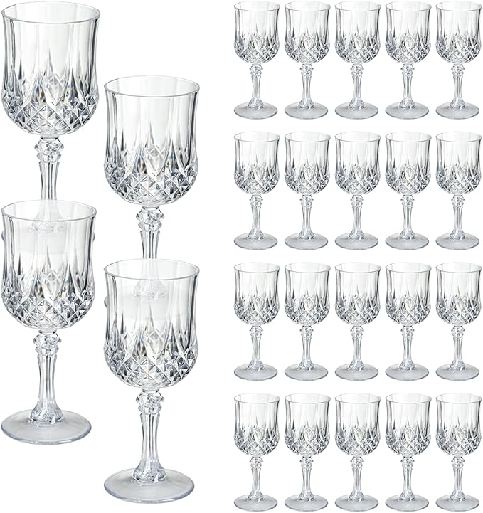 XKXKKE 24 Pcs Transparent Plastic Wine Glasses, Plastic Water Goblets for Parties, Stemmed Drinking Glasses for Wedding Reception, Grand Event Party Bar Supplies Reusable Drinking Cups