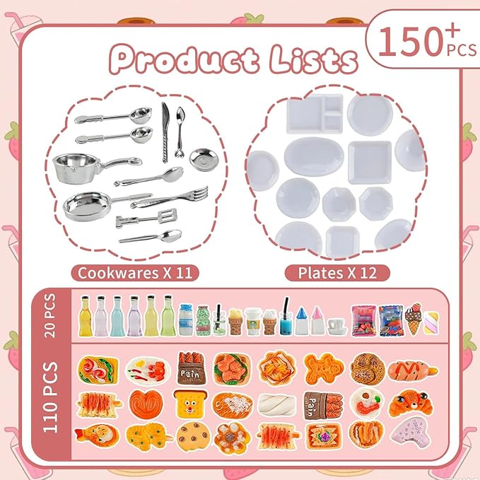 HKLMRO 150Pcs Miniature Food Drink Bottles Adults Dollhouse Soda Pop Cans Pretend Play Kitchen Cooking Game Party Accessories Toys Hamburger Cake Ice Cream Pizza Bread Tableware Doll House Landscape