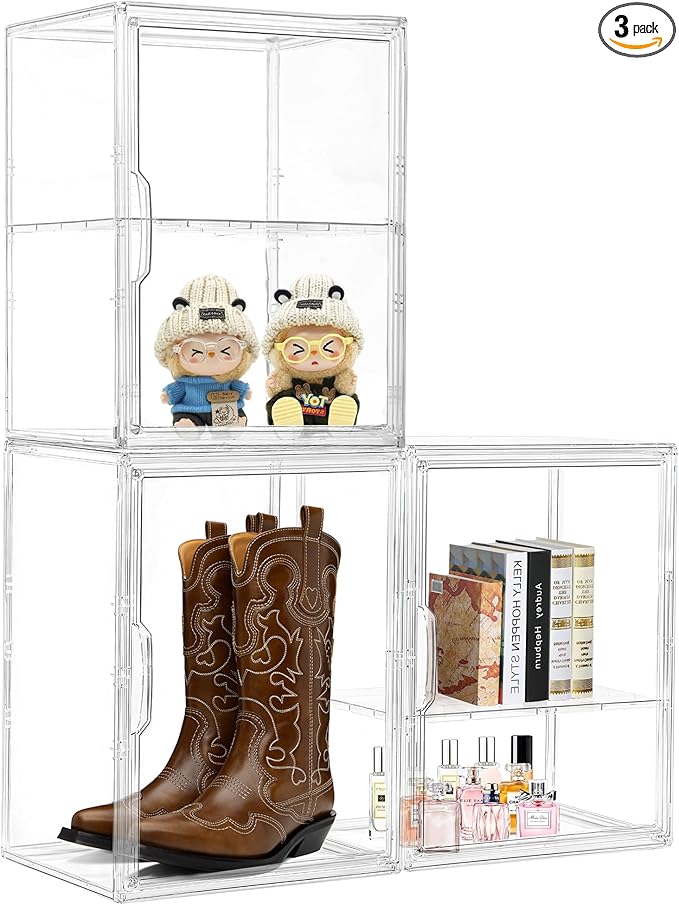 Acrylic Display Case for Collectibles, Clear Storage Bin with 3 Adjustable Layers and1 Removable Divider, Stackable Clear Storage Box with Magnetic Door for Figures, Home or Office,Large,3 Pack